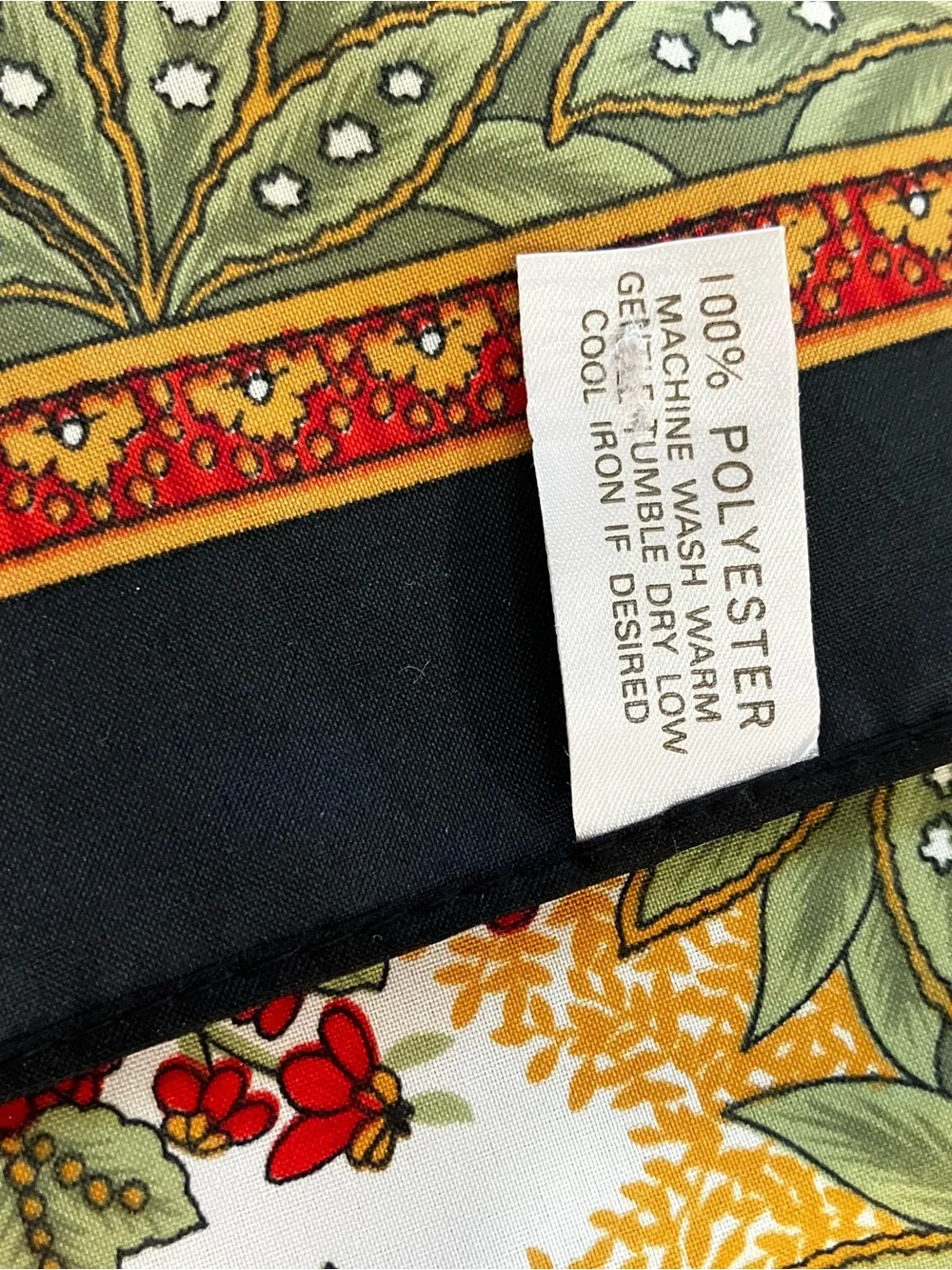 Vtg. Floral Red & Green Border Silk-Feel Scarf